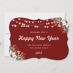 Red Botanical String Lights New Year Card
