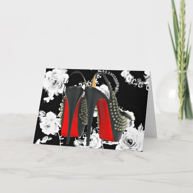 Red Bottom Spike Heels Romantic Rose Card (Front)