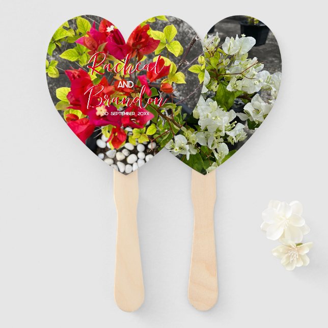 red bougainvillea or paper flower, red tropical  hand fan (Front and Back)