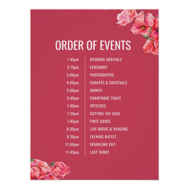 Red bougainvillea wedding order of events poster (Front)