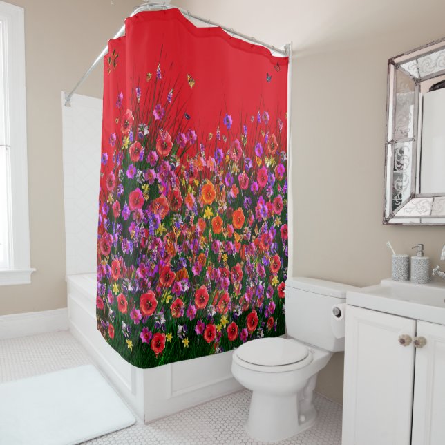 Red Bouquet Butterflies Shower Curtain (In Situ)