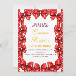 Red Bow 12th Birthday Invitation