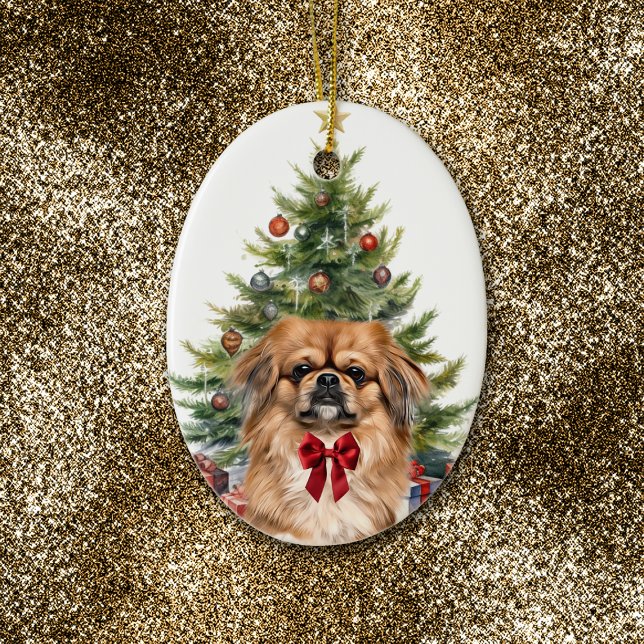 Red Bow Adorable Pekingese Dog Christmas Ceramic Ornament (Creator Uploaded)