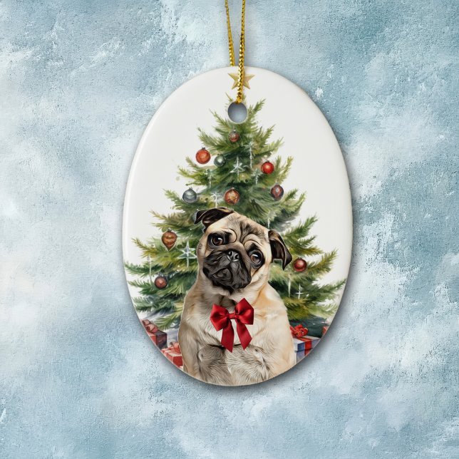 Red Bow Adorable Pug Dog Christmas Ceramic Ornament (Creator Uploaded)