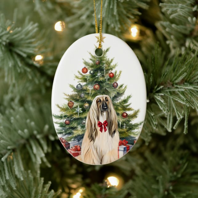 Red Bow Afghan Hound Dog Christmas Ceramic Ornament (Tree)
