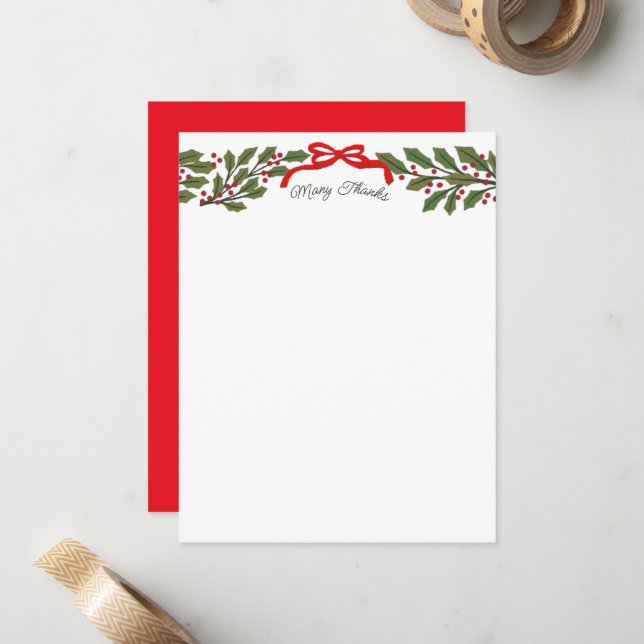 Red Bow and Holly Garland Christmas Stationery Card (Front/Back In Situ)