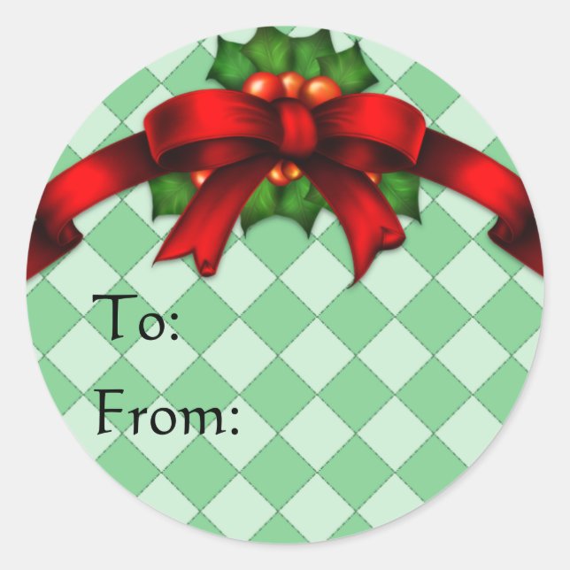 Red Bow and Holly Gift Tag Stickers (Front)