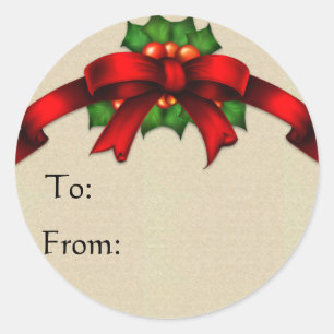 Red Bow and Holly Gift Tag Stickers 2 - Customized
