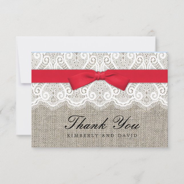 Red Bow and Lace Wedding Thank You Card (Front)