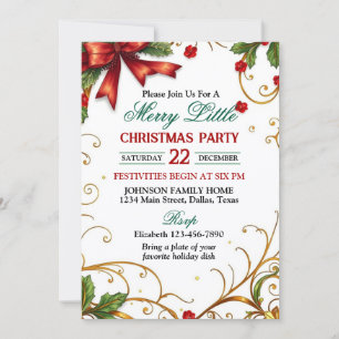 Red Bow and Ornate Gold Border Christmas Party Invitation