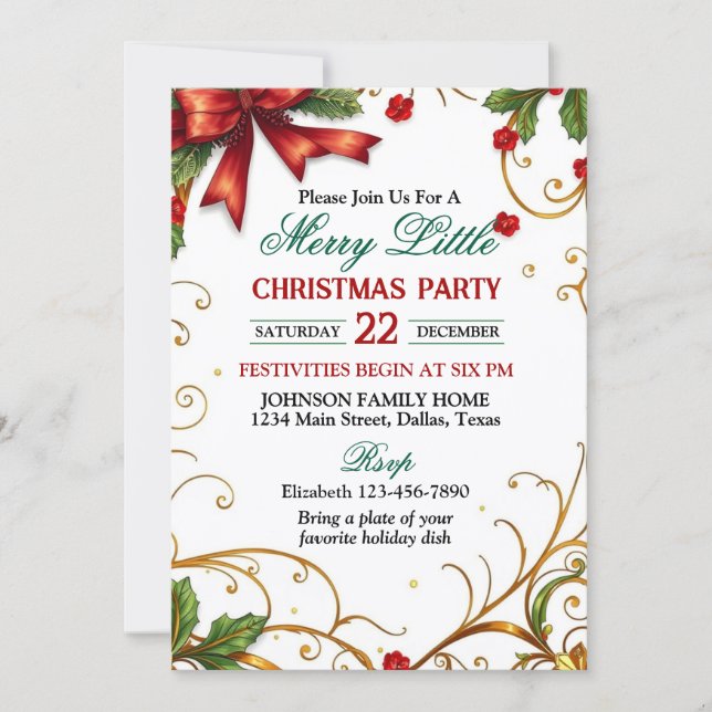 Red Bow and Ornate Gold Border Christmas Party Invitation (Front)