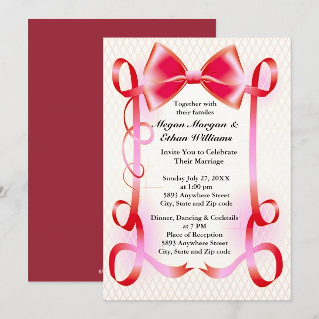 Red Bow and Ribbon Border Wedding Invitation (Front/Back)