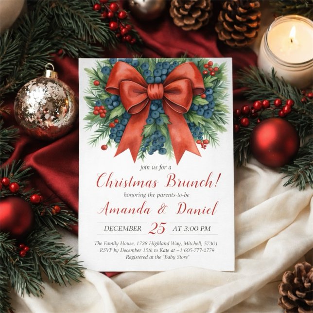 Red Bow Baby Shower Christmas Brunch Invitation (Red Bow Baby Shower Christmas Brunch Invitation)