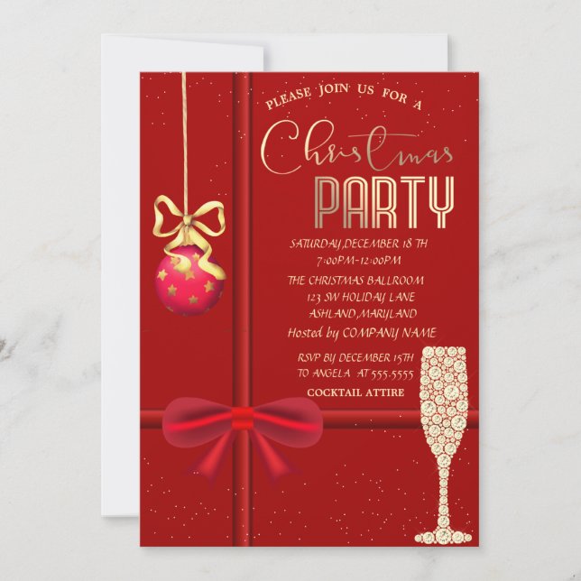  Red Bow,Ball,Champagne Glass Christmas Company  Invitation (Front)