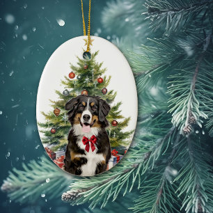 Red Bow Bernese Mountain Dog Christmas Ceramic Ornament