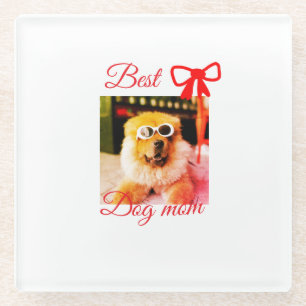 Red bow best dog mom dad photo dog/pet name glass coaster