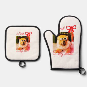 Red bow best dog mom dad photo dog/pet name oven mitt & pot holder set