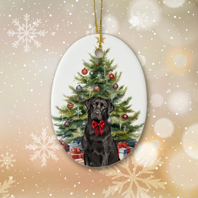 Red Bow Black Labrador Retriever Christmas Ceramic Ornament (Creator Uploaded)