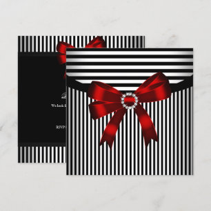 Red Bow Black White Stripe Birthday Party Invitation