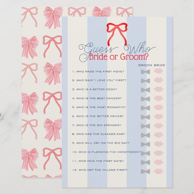 Red Bow Blue Stripes Guess Who Bridal Shower Game (Front/Back)