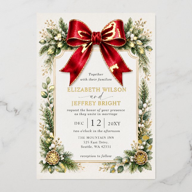 Red Bow Botanical Floral Winter Christmas Wedding (Front)