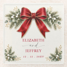 Red Bow Botanical Floral Winter Christmas Wedding Glass Coaster