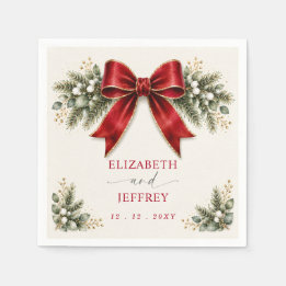 Red Bow Botanical Floral Winter Christmas Wedding Napkin