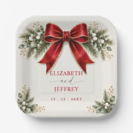 Red Bow Botanical Floral Winter Christmas Wedding Paper Plate