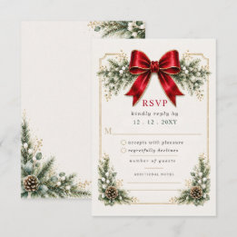 Red Bow Botanical Floral Winter Christmas Wedding RSVP Card