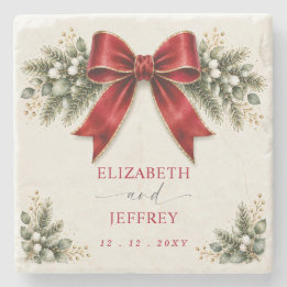 Red Bow Botanical Floral Winter Christmas Wedding Stone Coaster