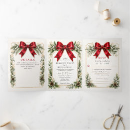 Red Bow Botanical Floral Winter Christmas Wedding Tri-Fold Invitation