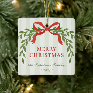 Red Bow Botanical Foliage Striped Christmas Photo Ceramic Ornament