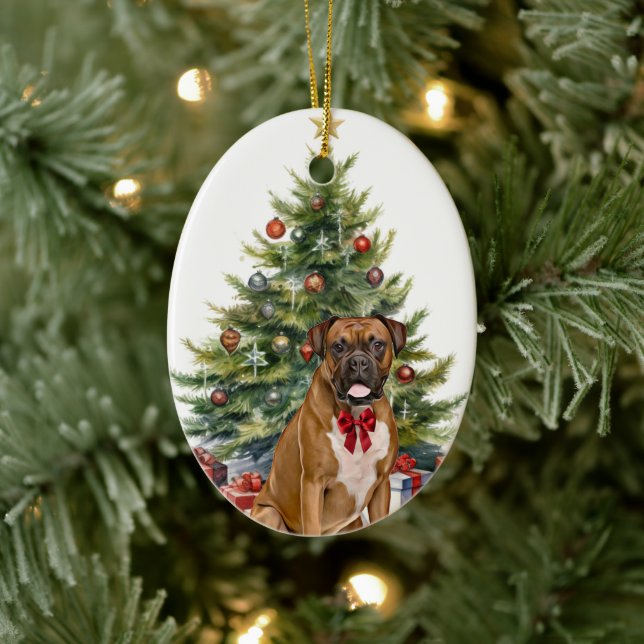 Red Bow Boxer Dog Christmas Ceramic Ornament (Tree)