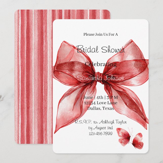 Red Bow Butterflies Stripes Bridal Shower   Invitation (Front/Back)
