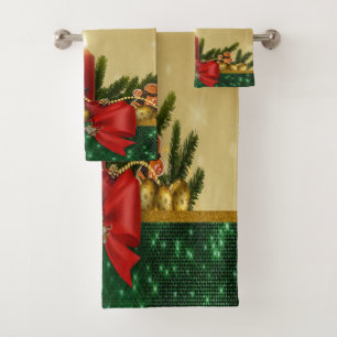 Red Bow, Candle, Pine Tree Branches,Snowflakes Bath Towel Set