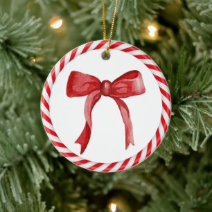 Red Bow Candy Cane Cute Unique Christmas Tree Gift Ceramic Ornament