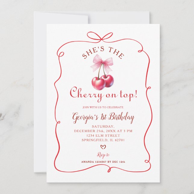 Red Bow Cherry on Top Girl's First Birthday Invitation (Front)