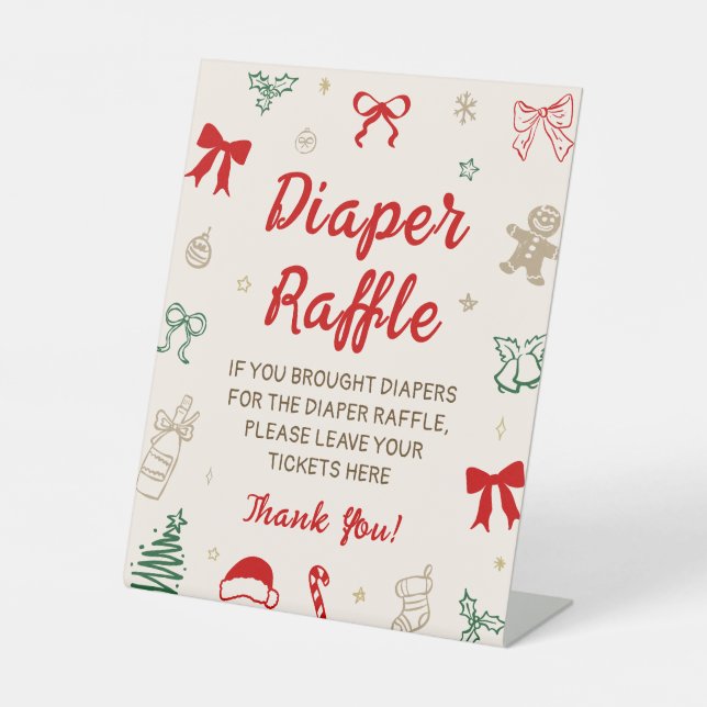 Red Bow Christmas Baby Shower Diaper Raffle Game Pedestal Sign (Front)