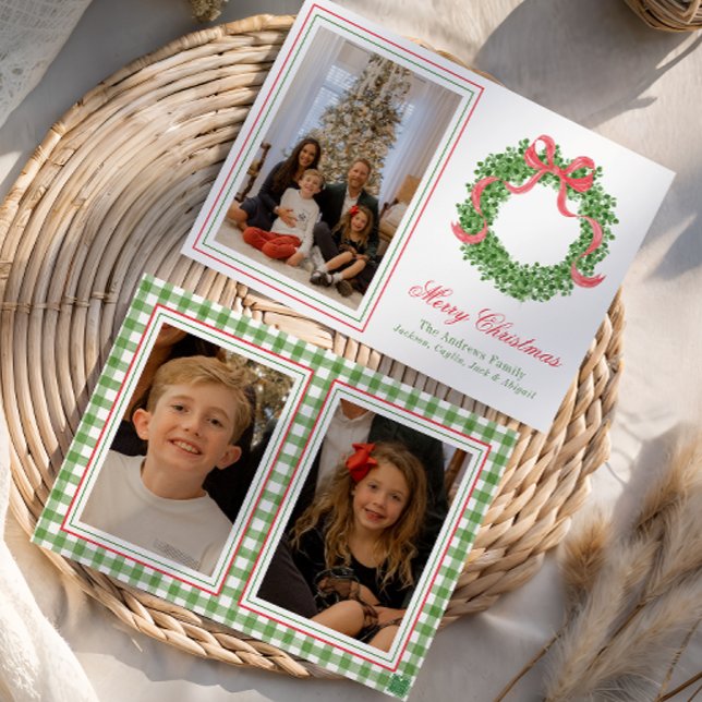 Red Bow Christmas Boxwood Wreath Photo Holiday Card (Creator Uploaded)