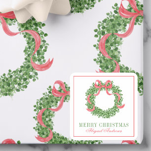Red Bow Christmas Boxwood Wreath Square Sticker