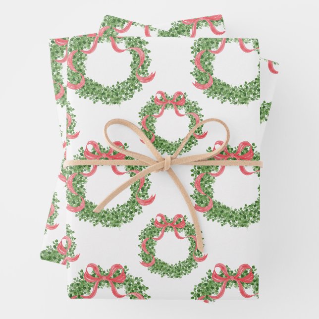 Red Bow Christmas Boxwood Wreath Wrapping Paper Sheet (In situ)