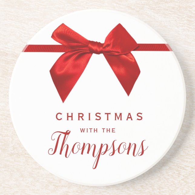 Red Bow Christmas Ceramic  Coaster (Front)