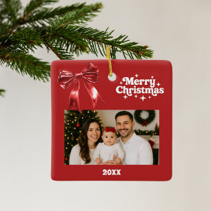 Red bow Christmas photo Ceramic Ornament