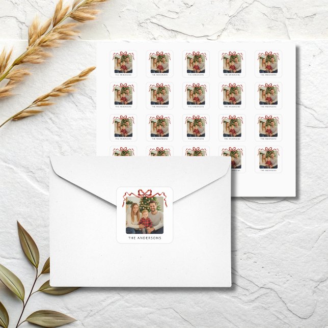 Red Bow Christmas Photo Square Sticker (Red bow christmas photo square stickers)