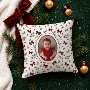 Red Bow Christmas Photo Throw Pillow