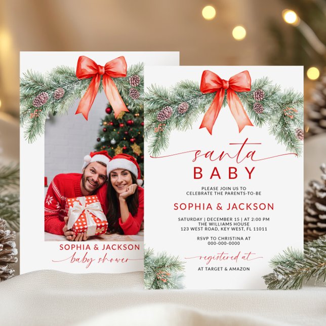 Red Bow Christmas Santa Baby Shower Invitation (Creator Uploaded)