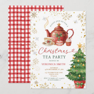 Red Bow Christmas Tea Adult Birthday Party Floral Invitation