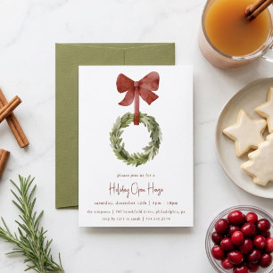 Red Bow Christmas Wreath Holiday Open House Invitation