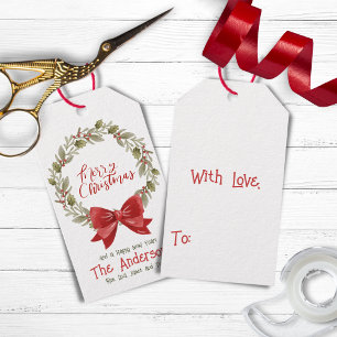 Red Bow Christmas Wreath Merry Christmas Gift Tags