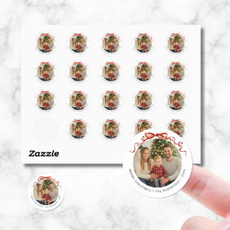 Red Bow Circle Christmas Photo Classic Round Sticker
